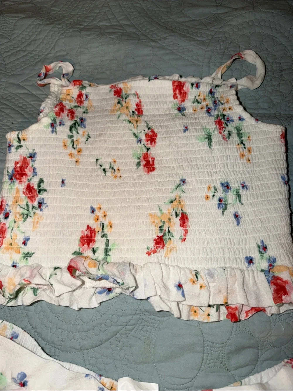 Rare Editions White Floral Smocked Ruffle Tank Top